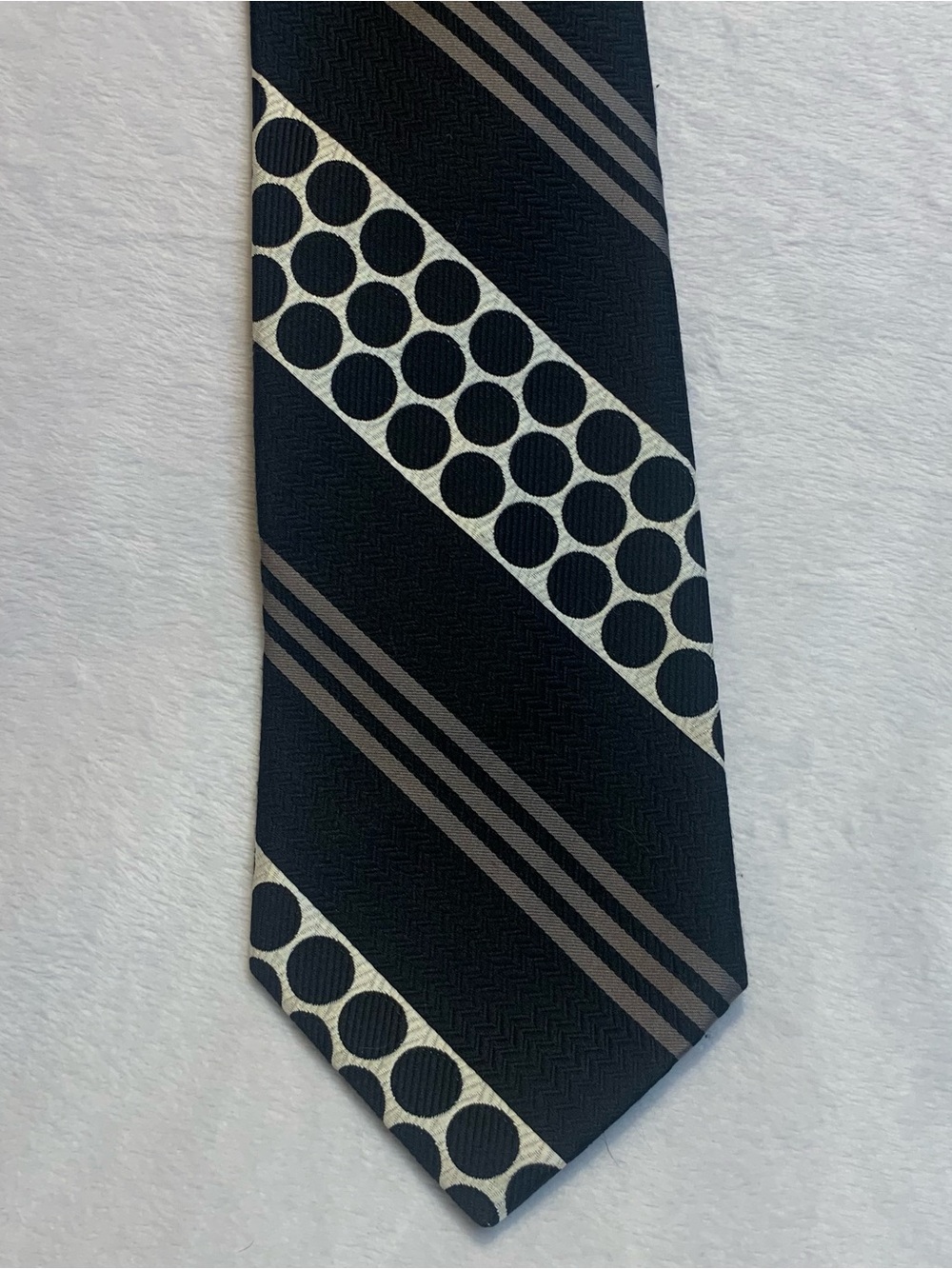 Oleg Cassini Black Tie with Gray Stripes and Cream Dot Bands